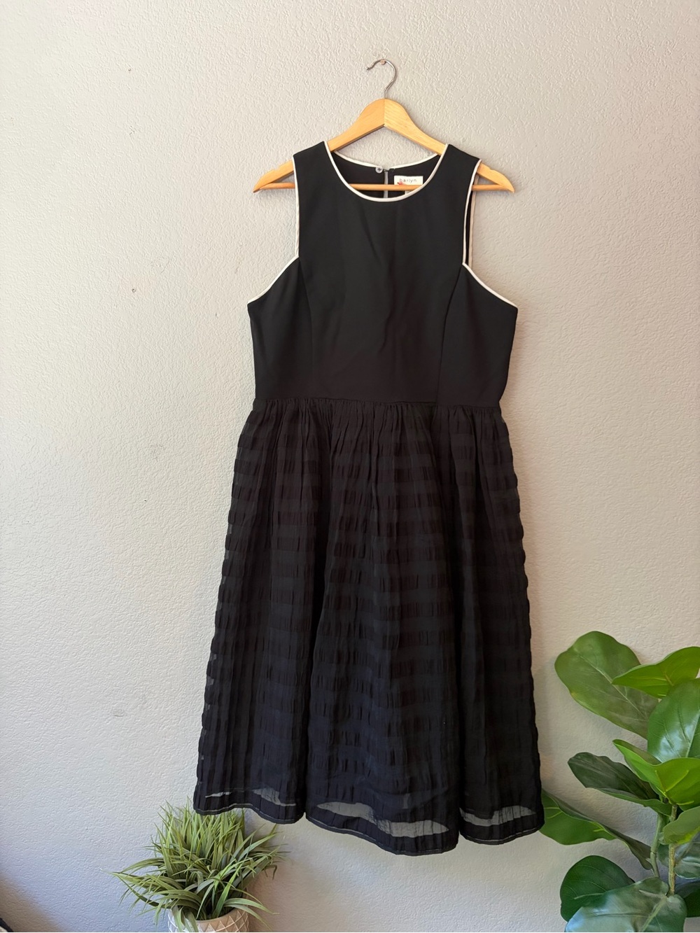 Harlyn Anthropologie Sleeveless Black Midi Dress with Cream-Trim Neckline